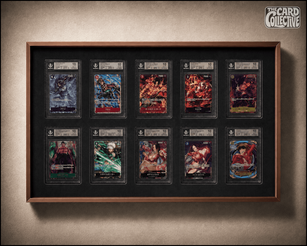 Premium aluminium metal trading card wall display frame case for Pokémon cards, MTG cards, Yu-Gi-Oh! cards, One Piece cards and sports cards, graded card wall display, PSA card frame, CGC card display, BGS slab display, One Touch magnetic holder display,
