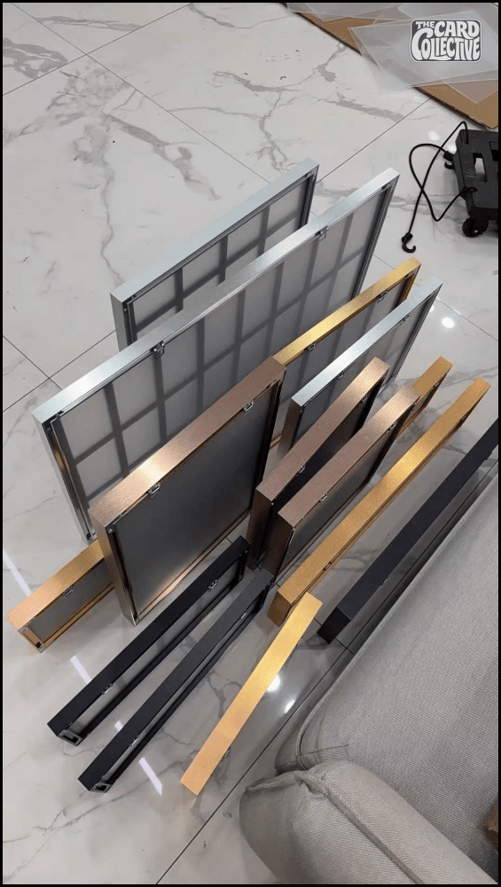 Premium aluminium metal trading card wall display frame case for Pokémon cards, MTG cards, Yu-Gi-Oh! cards, One Piece cards and sports cards, graded card wall display, PSA card frame, CGC card display, BGS slab display, One Touch magnetic holder display,