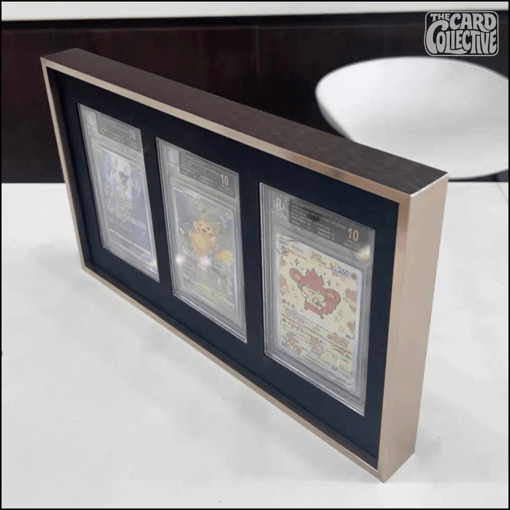 Premium aluminium metal trading card wall display frame case for Pokémon cards, MTG cards, Yu-Gi-Oh! cards, One Piece cards and sports cards, graded card wall display, PSA card frame, CGC card display, BGS slab display, One Touch magnetic holder display,