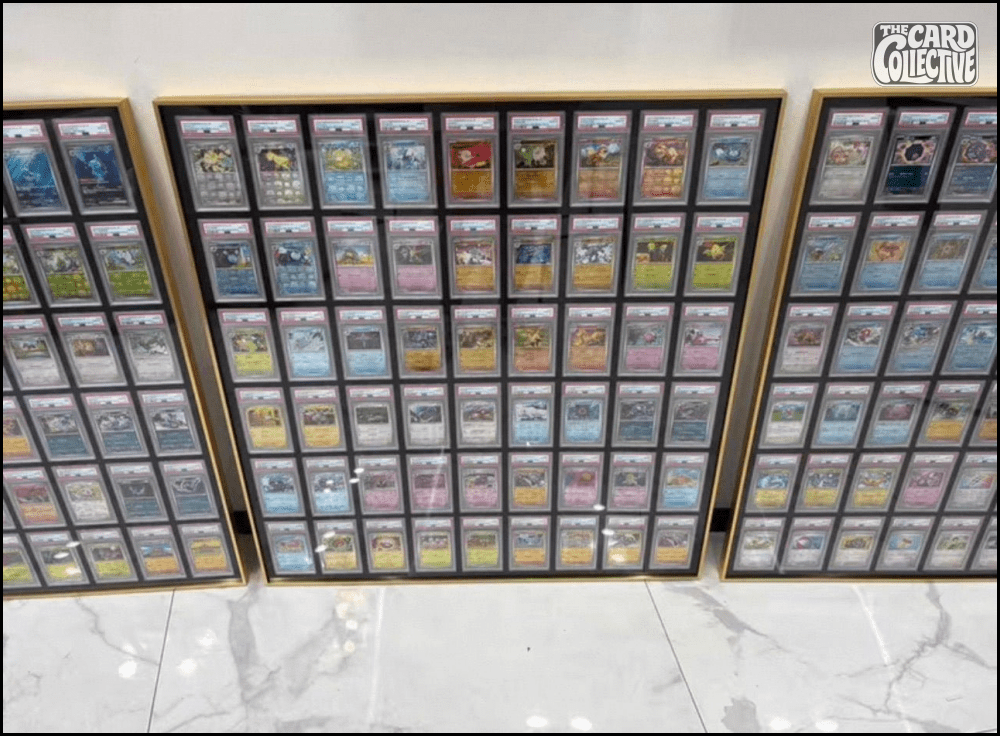 Premium aluminium metal trading card wall display frame case for Pokémon cards, MTG cards, Yu-Gi-Oh! cards, One Piece cards and sports cards, graded card wall display, PSA card frame, CGC card display, BGS slab display, One Touch magnetic holder display,