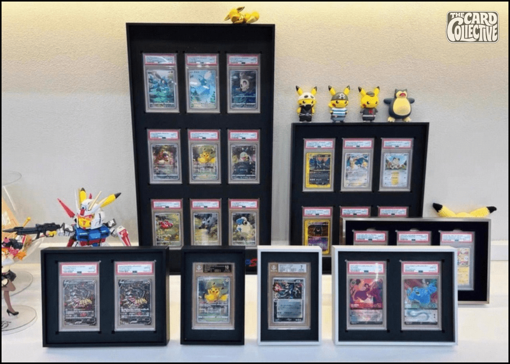 Premium aluminium metal trading card wall display frame case for Pokémon cards, MTG cards, Yu-Gi-Oh! cards, One Piece cards and sports cards, graded card wall display, PSA card frame, CGC card display, BGS slab display, One Touch magnetic holder display,