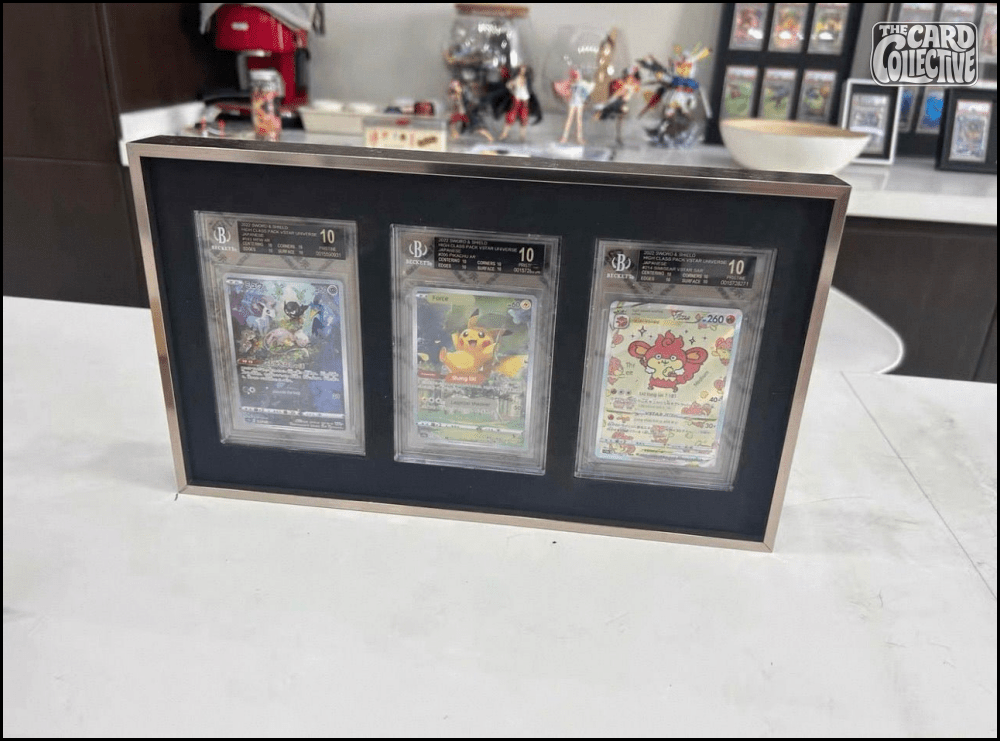Premium aluminium metal trading card wall display frame case for Pokémon cards, MTG cards, Yu-Gi-Oh! cards, One Piece cards and sports cards, graded card wall display, PSA card frame, CGC card display, BGS slab display, One Touch magnetic holder display,