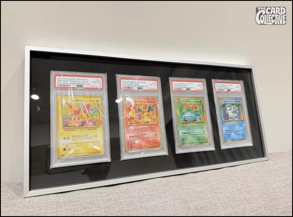 Premium aluminium metal trading card wall display frame case for Pokémon cards, MTG cards, Yu-Gi-Oh! cards, One Piece cards and sports cards, graded card wall display, PSA card frame, CGC card display, BGS slab display, One Touch magnetic holder display,