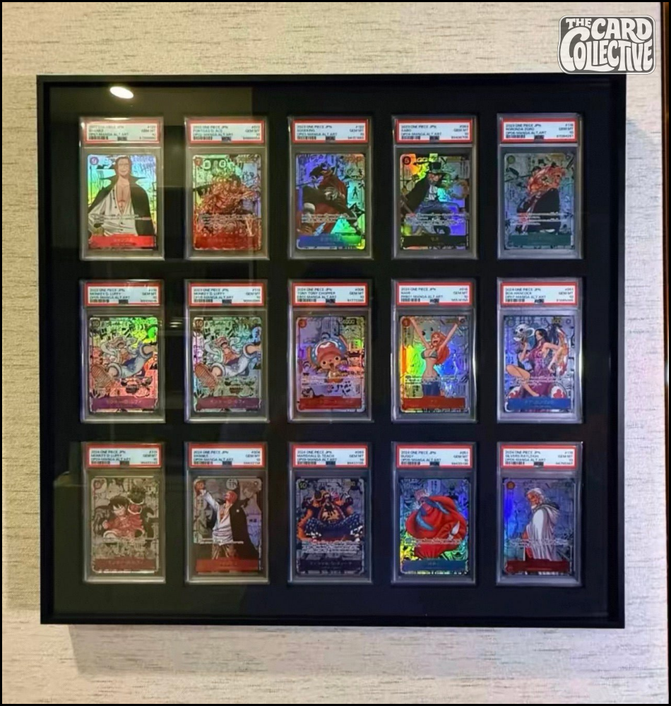 Premium aluminium metal trading card wall display frame case for Pokémon cards, MTG cards, Yu-Gi-Oh! cards, One Piece cards and sports cards, graded card wall display, PSA card frame, CGC card display, BGS slab display, One Touch magnetic holder display,