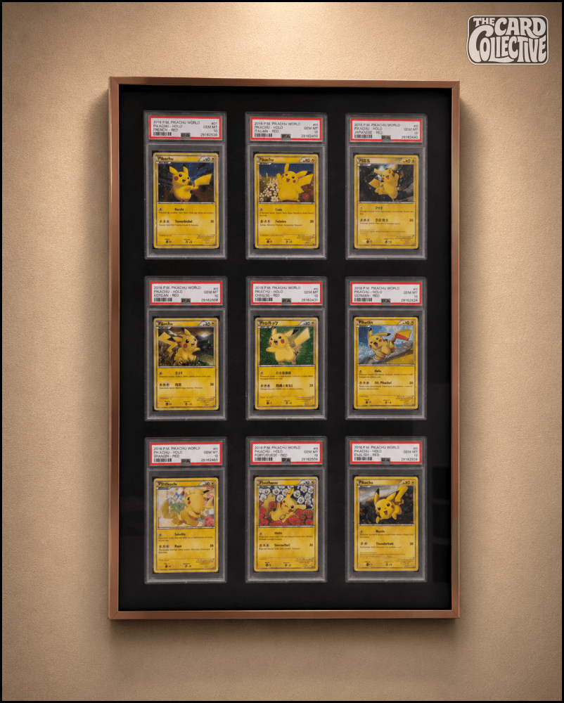 Premium aluminium metal trading card wall display frame case for Pokémon cards, MTG cards, Yu-Gi-Oh! cards, One Piece cards and sports cards, graded card wall display, PSA card frame, CGC card display, BGS slab display, One Touch magnetic holder display,