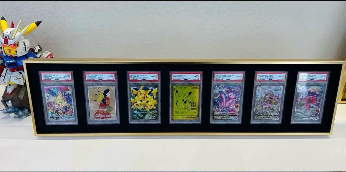 Premium aluminium metal trading card wall display frame case for Pokémon cards, MTG cards, Yu-Gi-Oh! cards, One Piece cards and sports cards, graded card wall display, PSA card frame, CGC card display, BGS slab display, One Touch magnetic holder display,